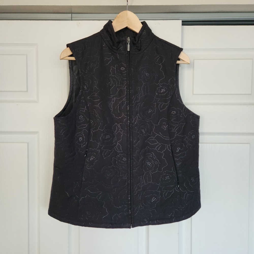 Liz Claiborne Womens Black Zip-up Vest with Rose Pattern - Medium